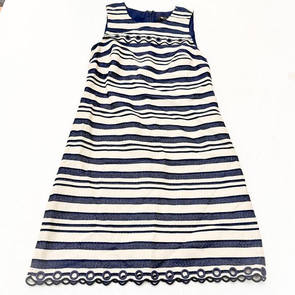 J. Crew Navy Striped Shift Knee Length Dress Eyelet Hem Sleeveless Size 0 EUC - Picture 1 of 6